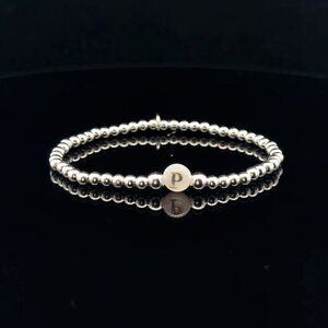 925 Sterling Silver Beaded Stretch Stacking Bracelet MOP Letter Initial P